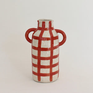 Bottle Vase, Red Grid